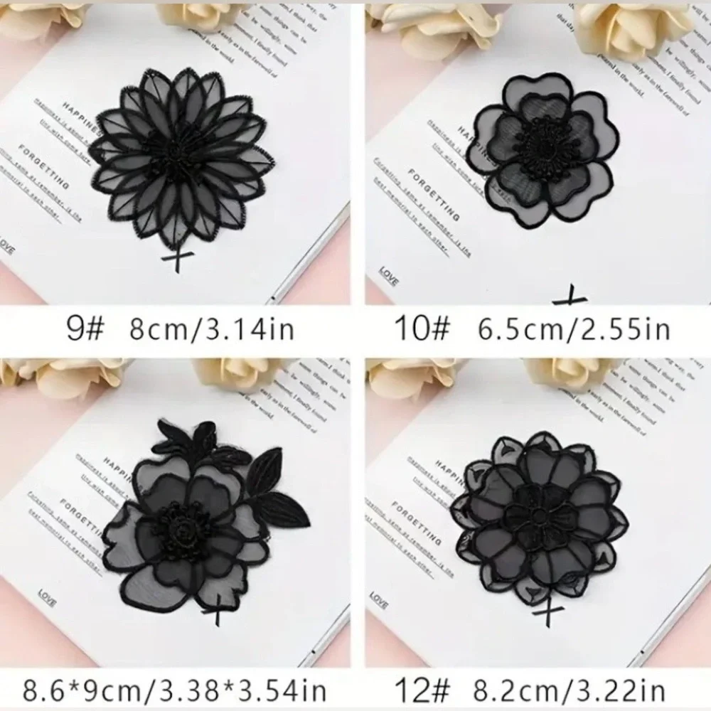 Black Embroidered Sew-On Floral Appliqué, Craft & Clothing Embellishment, New